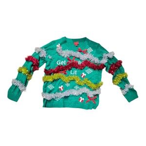 Ugly Christmas Sparkly Sweater Green Red Tinsel Presents Bows Size XL